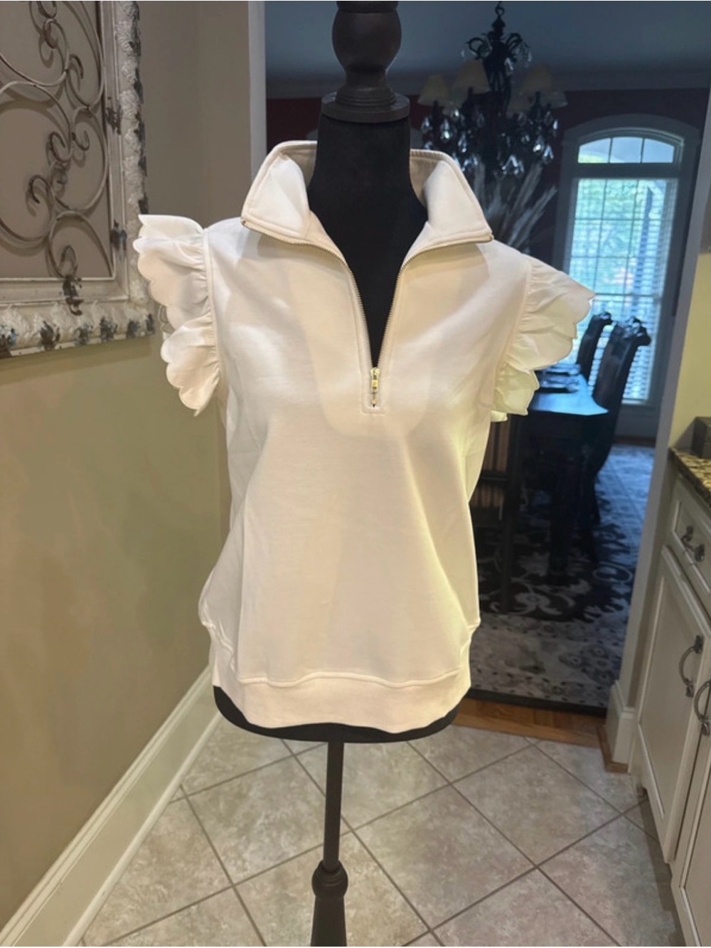 Sleeveless Ruffle Zip-Front Top in White